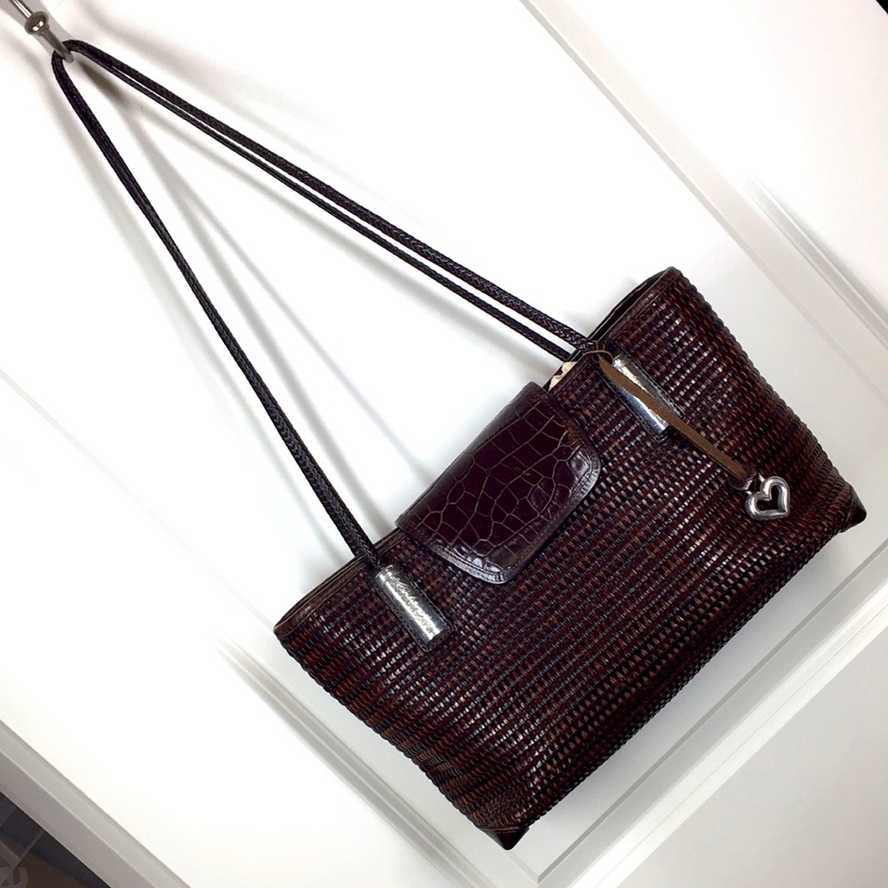 Brighton M Brown Woven Leather Croc Style  silver hardware handbag